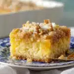 Close-up slice of Do Nothing Cake on decorative blue plate with fork showing texture and coconut walnut topping