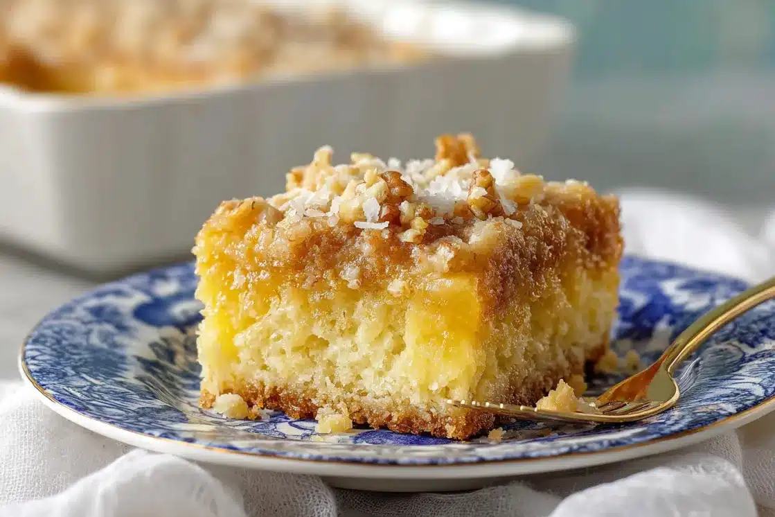 Close-up slice of Do Nothing Cake on decorative blue plate with fork showing texture and coconut walnut topping