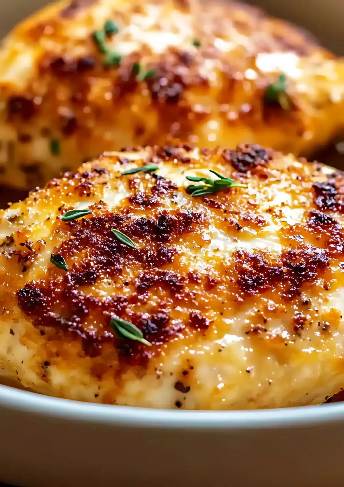 Close-up of golden baked chicken breast with caramelized parmesan crust and fresh thyme garnish in baking dish