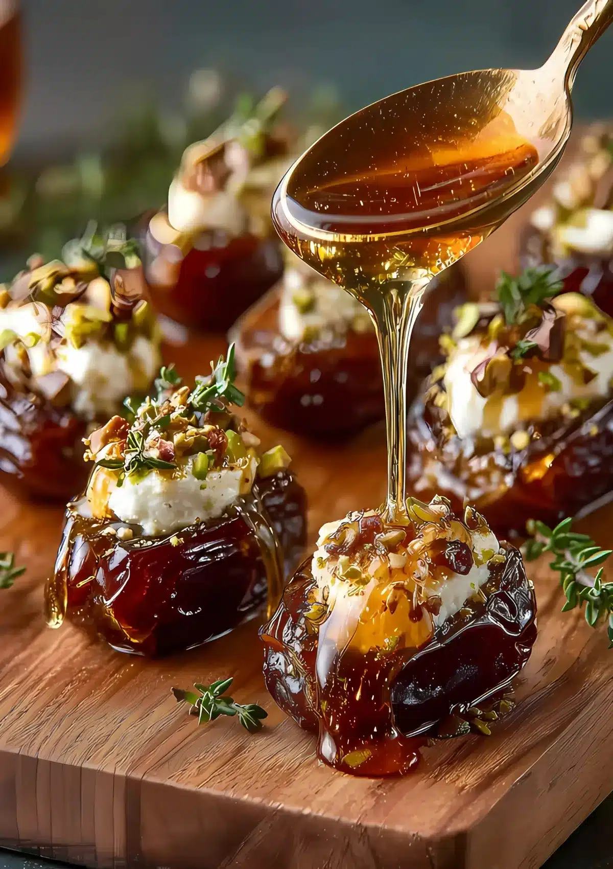 Close up of honey being drizzled over goat cheese stuffed dates with pistachios and fresh herbs