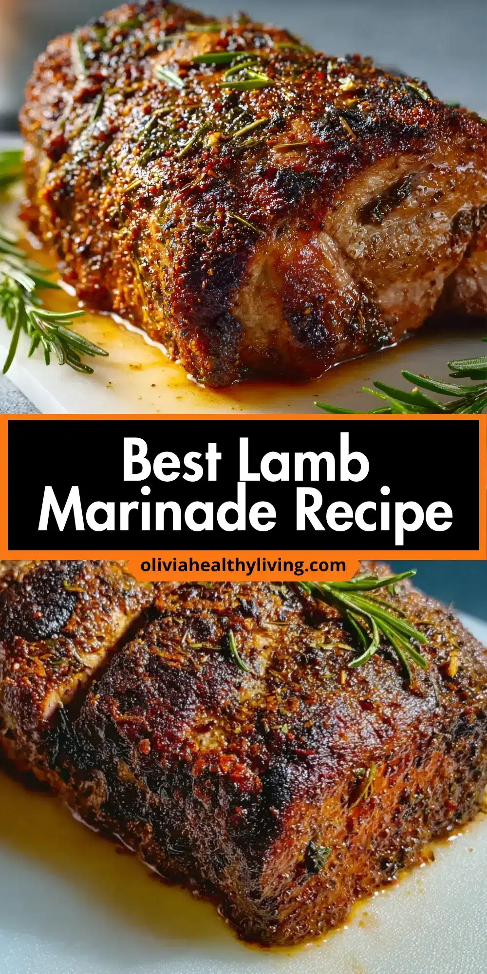 Beautifully caramelized lamb roast with golden-brown herb crust, visible rosemary garnish, and glossy surface from marinade on white plate