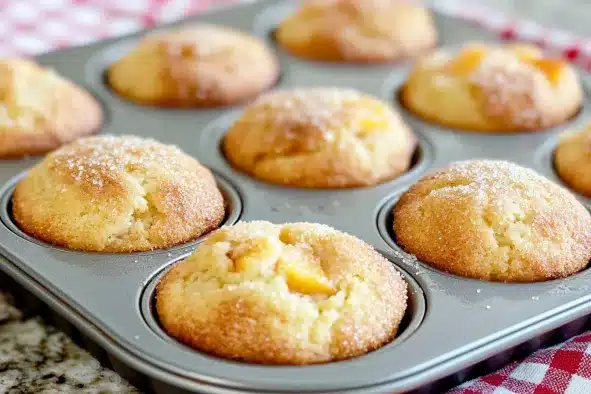 Baked peach cobbler muffins in tin with golden tops and visible peach chunks throughout