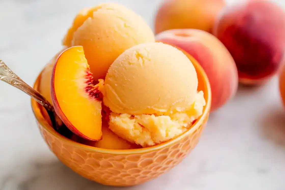 Peach sorbet served in orange textured bowl with fresh peach slice garnish