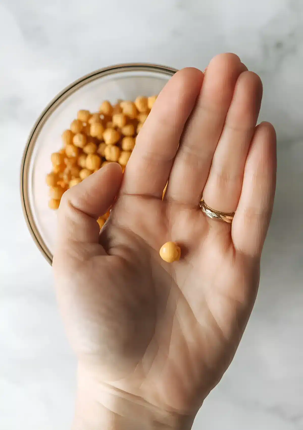 Cooked chickpea resting on a palm with a bowl of chickpeas in the background