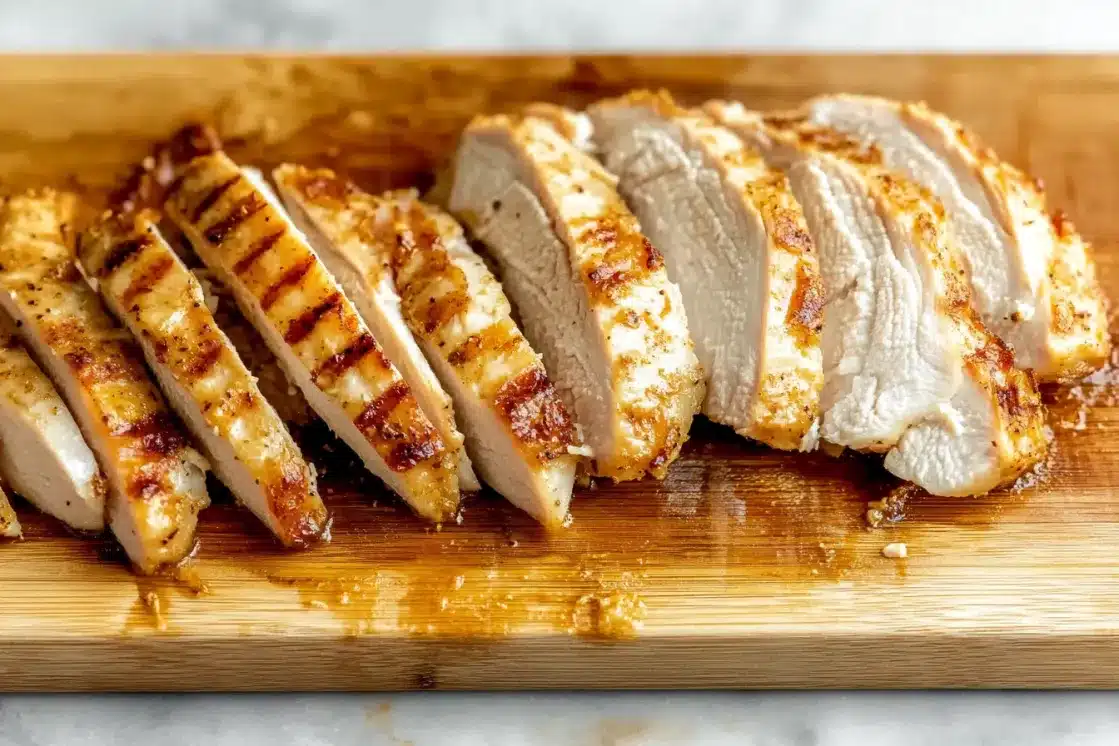 Seasoned grilled chicken breast sliced ​​on bamboo cutting board showing perfect grill marks for quesadilla recipe