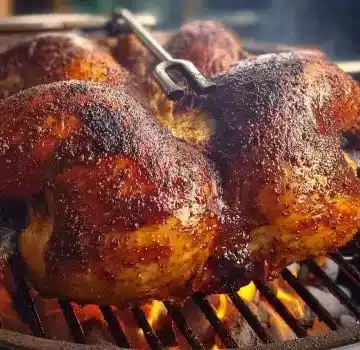 Smoked whole turkey on grill with crispy skin and inserted meat thermometer.