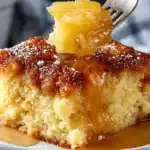 A close-up of moist pineapple dump cake with caramelized crust and fork lifting a bite of warm pineapple topping.