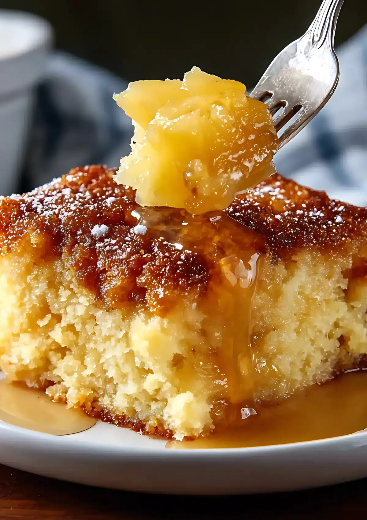 A close-up of moist pineapple dump cake with caramelized crust and fork lifting a bite of warm pineapple topping.