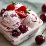 Pink fruit ice cream with cherry and strawberry garnish in clear takeout container