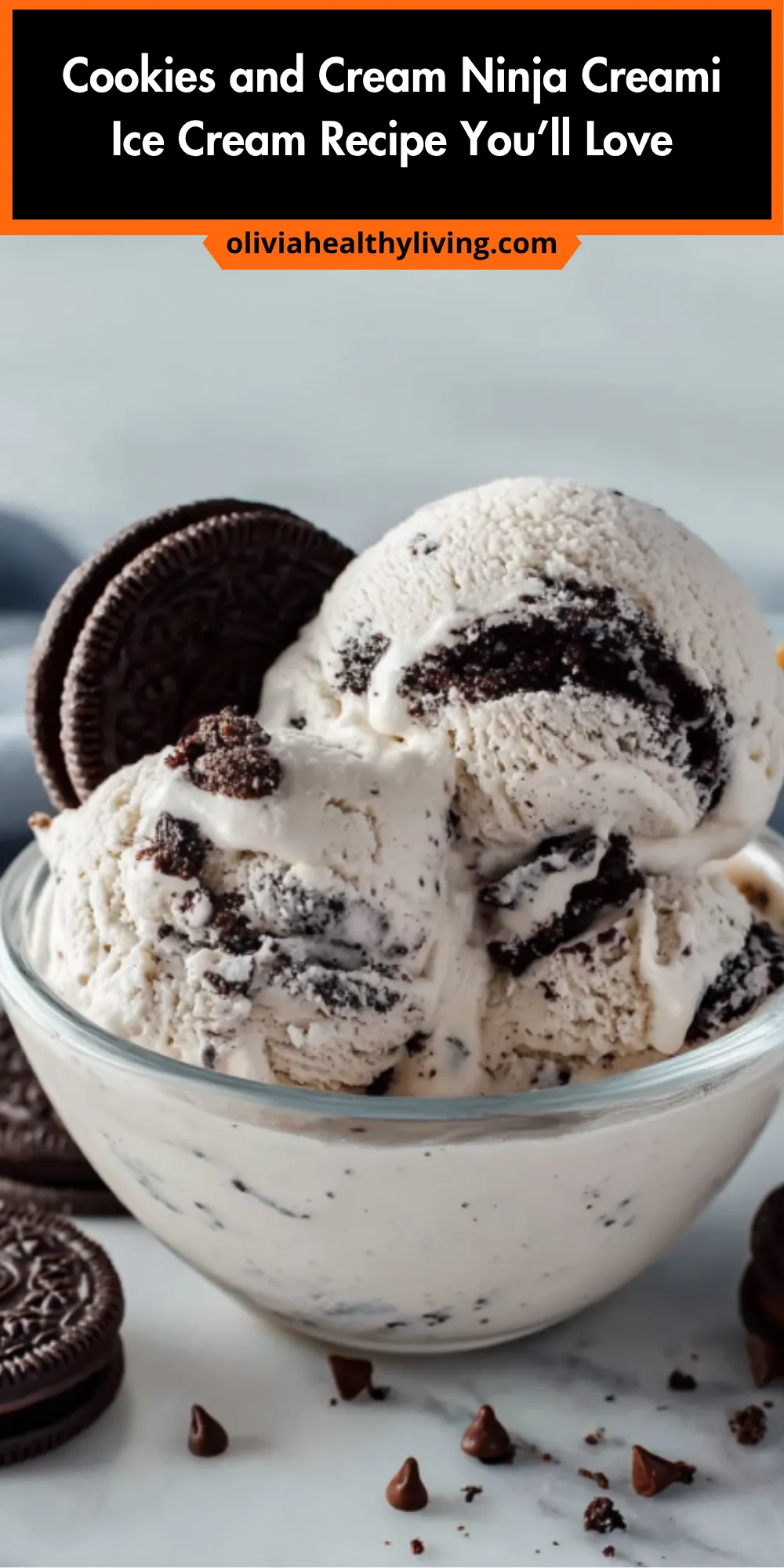 Pinterest recipe graphic for cookies and cream Ninja Creami ice cream with single bowl photo