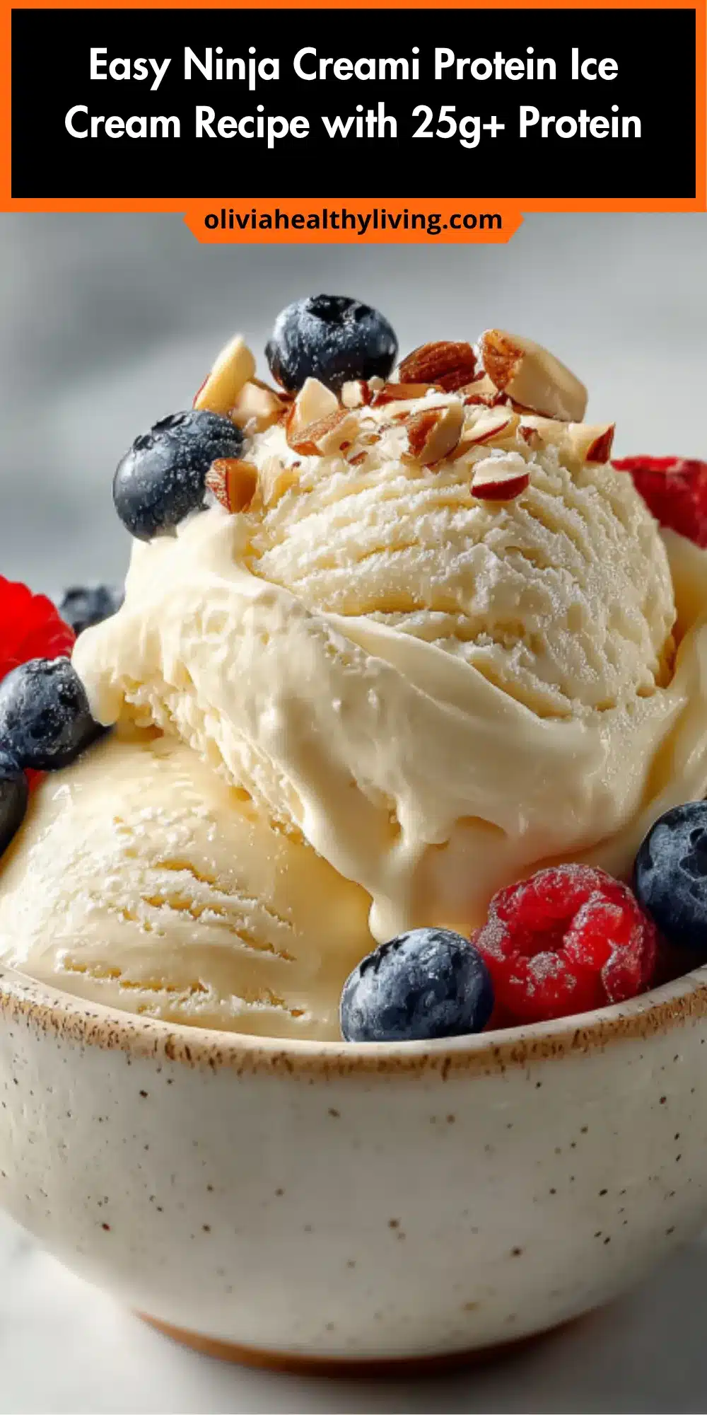 Pinterest style graphic showing protein ice cream with berries and nuts