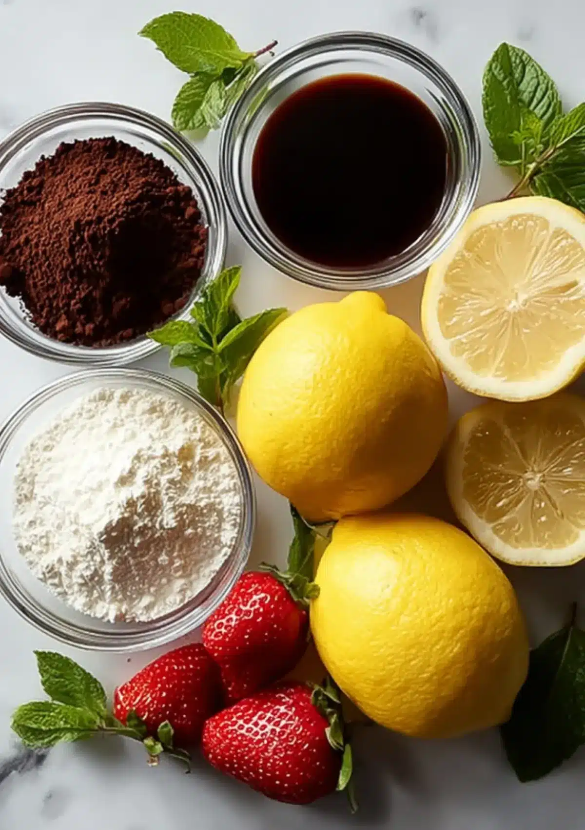 Baking ingredients arranged on white marble surface including glass bowls with cocoa powder, dark syrup, and flour, plus whole and halved lemons, fresh strawberries, and mint leaves