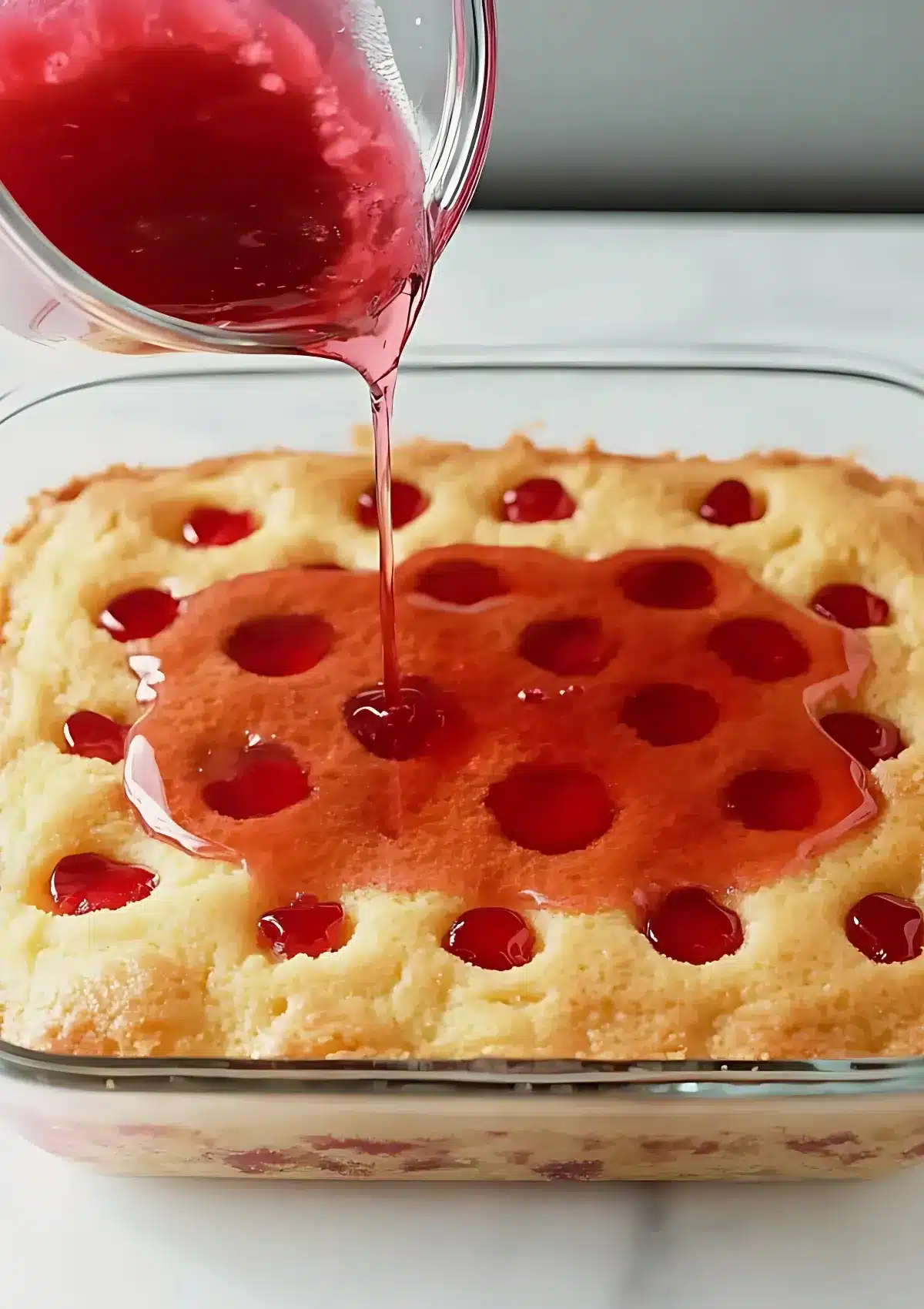 Red gelatin being poured into holes in a baked vanilla cake.