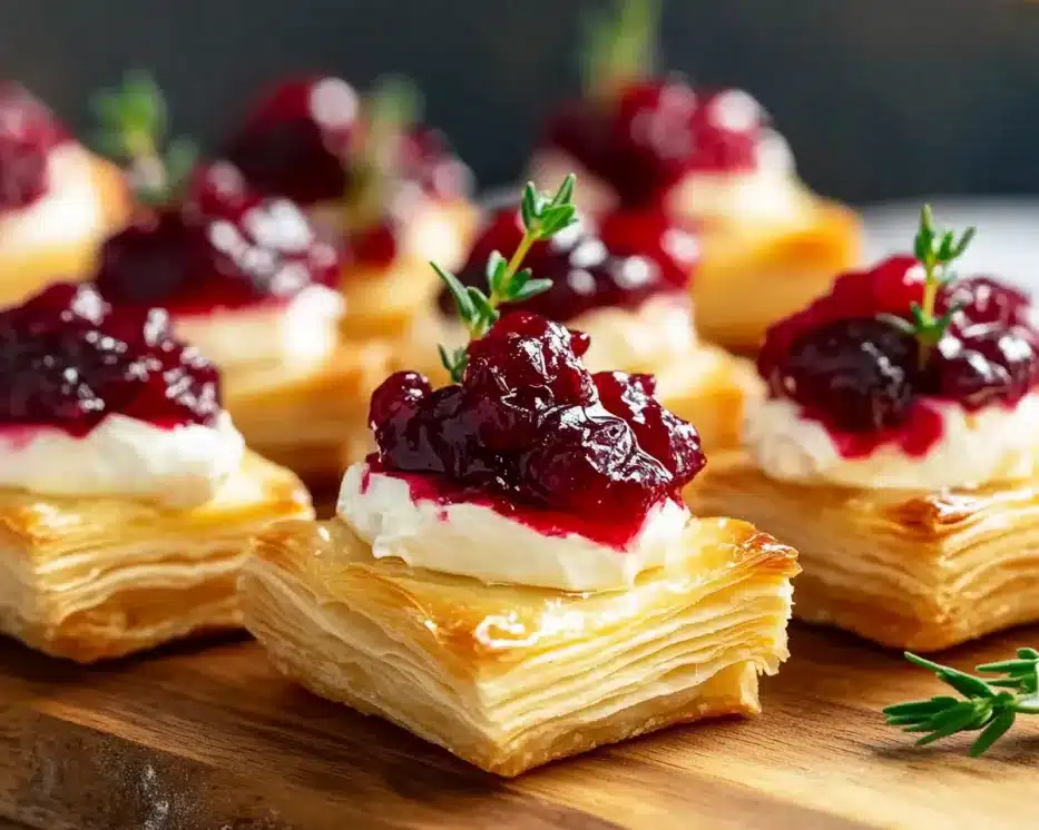Golden puff pastry cranberry brie bites topped with fresh thyme on wooden board