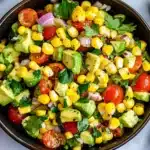 Summer corn tomato avocado salad with red onion and cilantro, surrounded by fresh lime halves and tomatoes