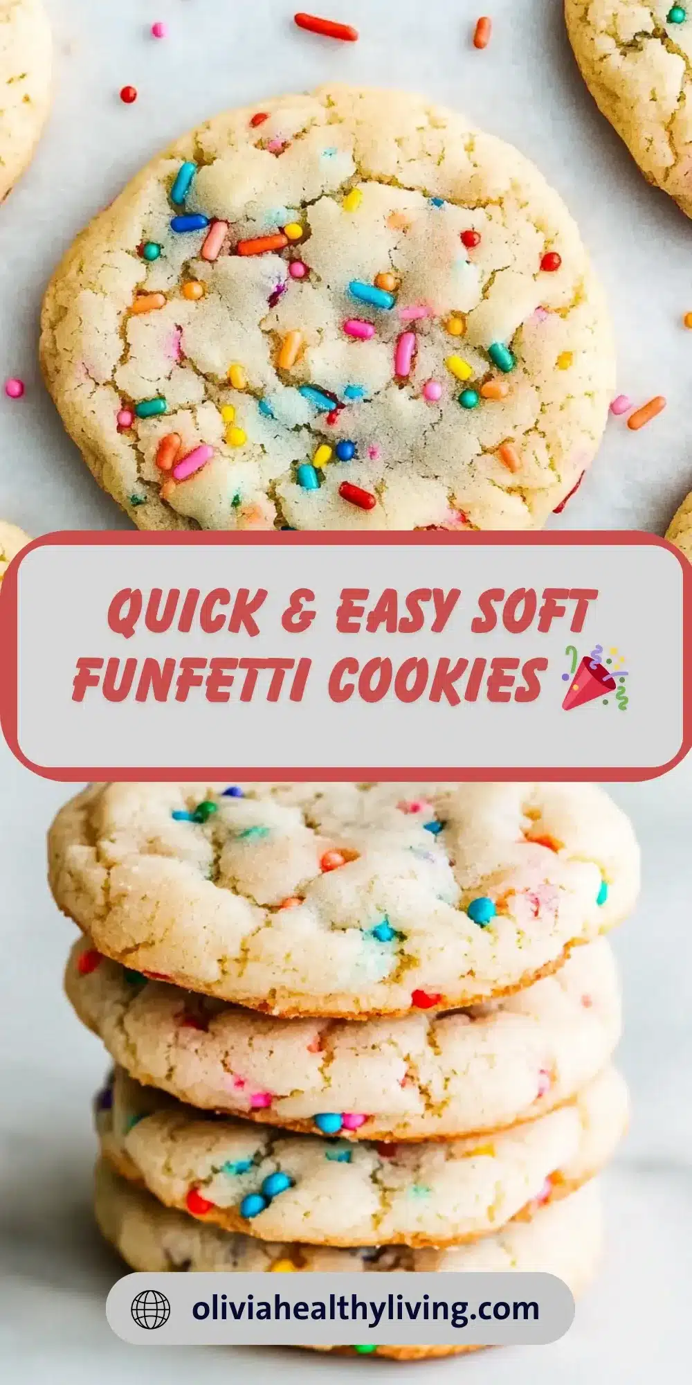 Stack of three soft funfetti cookies showing thick, chewy texture with rainbow sprinkles