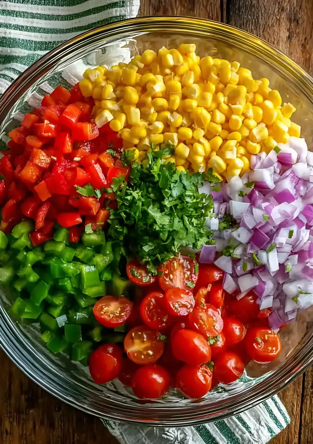 Glass bowl of neatly separated ingredients including corn, red and green bell peppers, chopped red onion, halved cherry tomatoes, and fresh cilantro on a rustic table.

