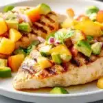 Beautifully plated grilled chicken breast with peach-avocado salsa on white plate showing perfect grill marks and colorful fresh ingredients
