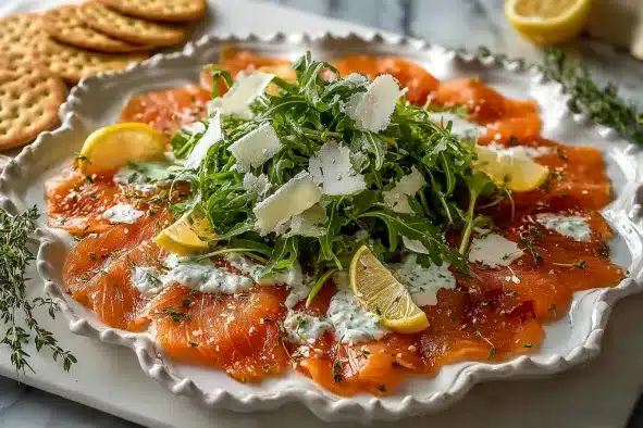 Completed smoked salmon carpaccio with thin salmon slices, arugula, parmesan cheese and lemon garnish on decorative white plate