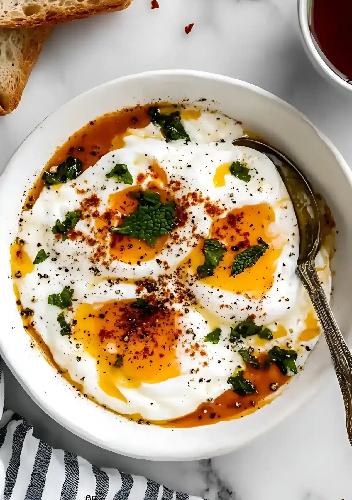 Top-down image of three poached eggs over yogurt, broken yolks oozing with spicy butter, mint garnish, and rustic spoon resting inside the bowl.

