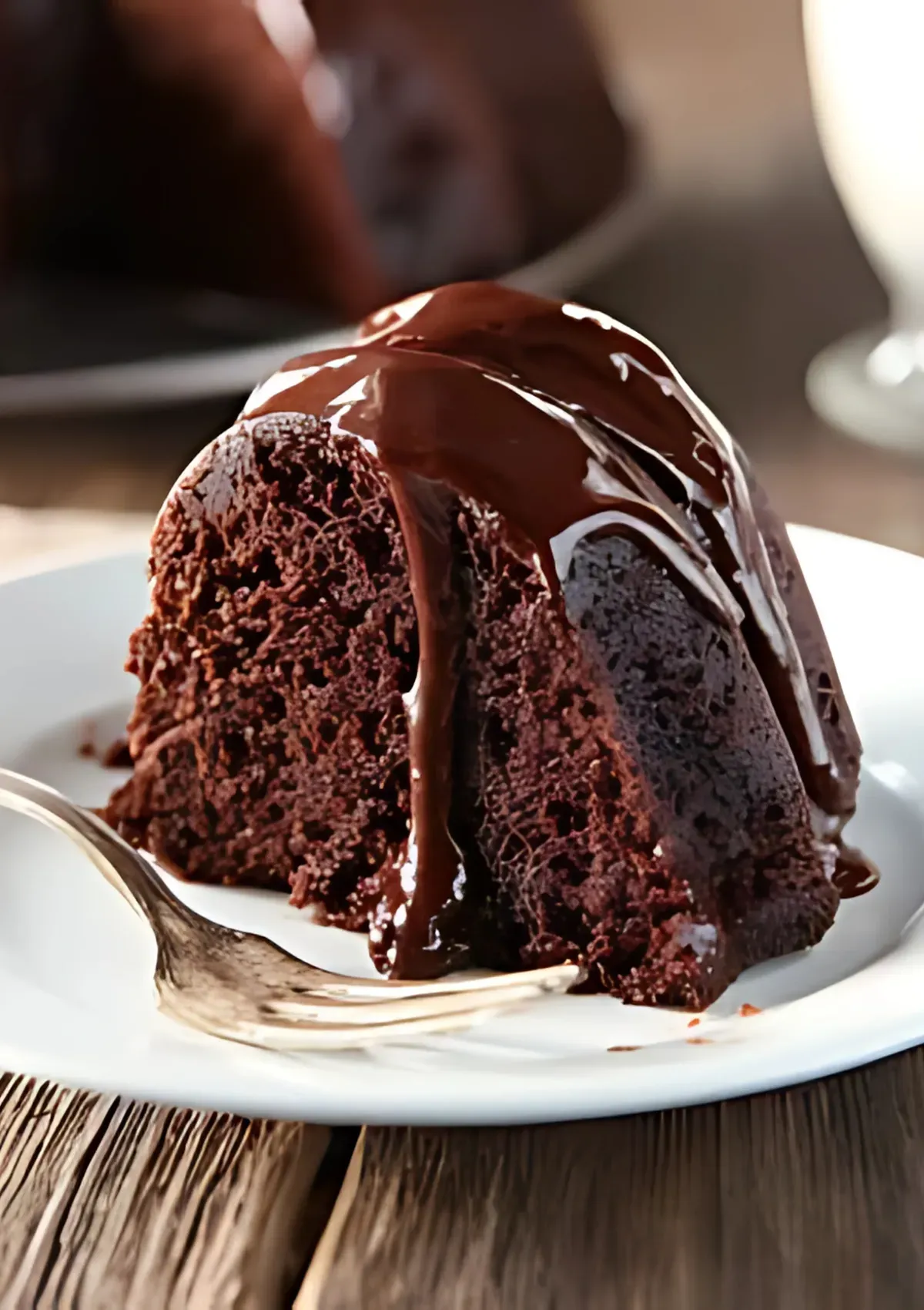 Chocolate Bundt cake slice with a fork and thick chocolate ganache on a wooden background