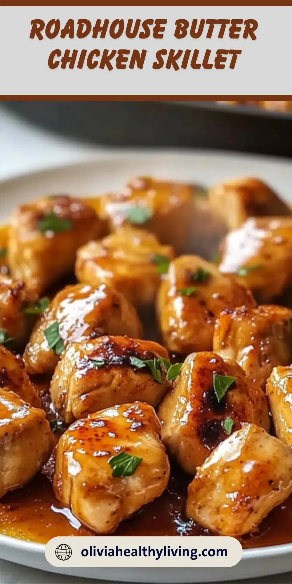 Golden chicken pieces glazed in honey butter sauce with fresh parsley garnish in a skillet