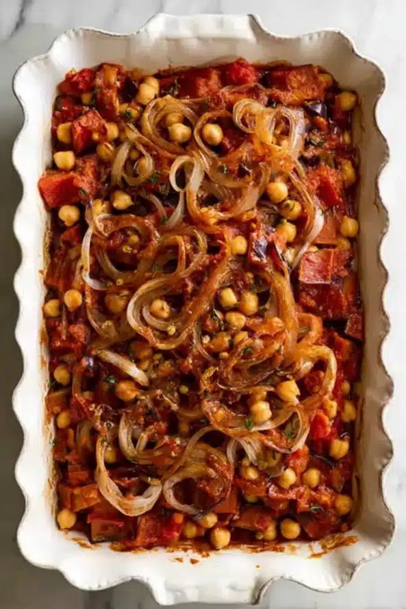 Cubes of golden roasted eggplants arranged in a white ceramic baking dish after baking.