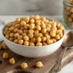 Bowl of cooked chickpeas placed on a rustic wooden board with a spoon and scattered chickpeas.