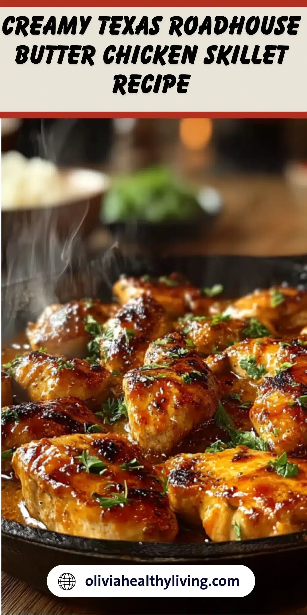 This image features a top-down view of golden-brown chicken pieces in a black cast iron skillet.