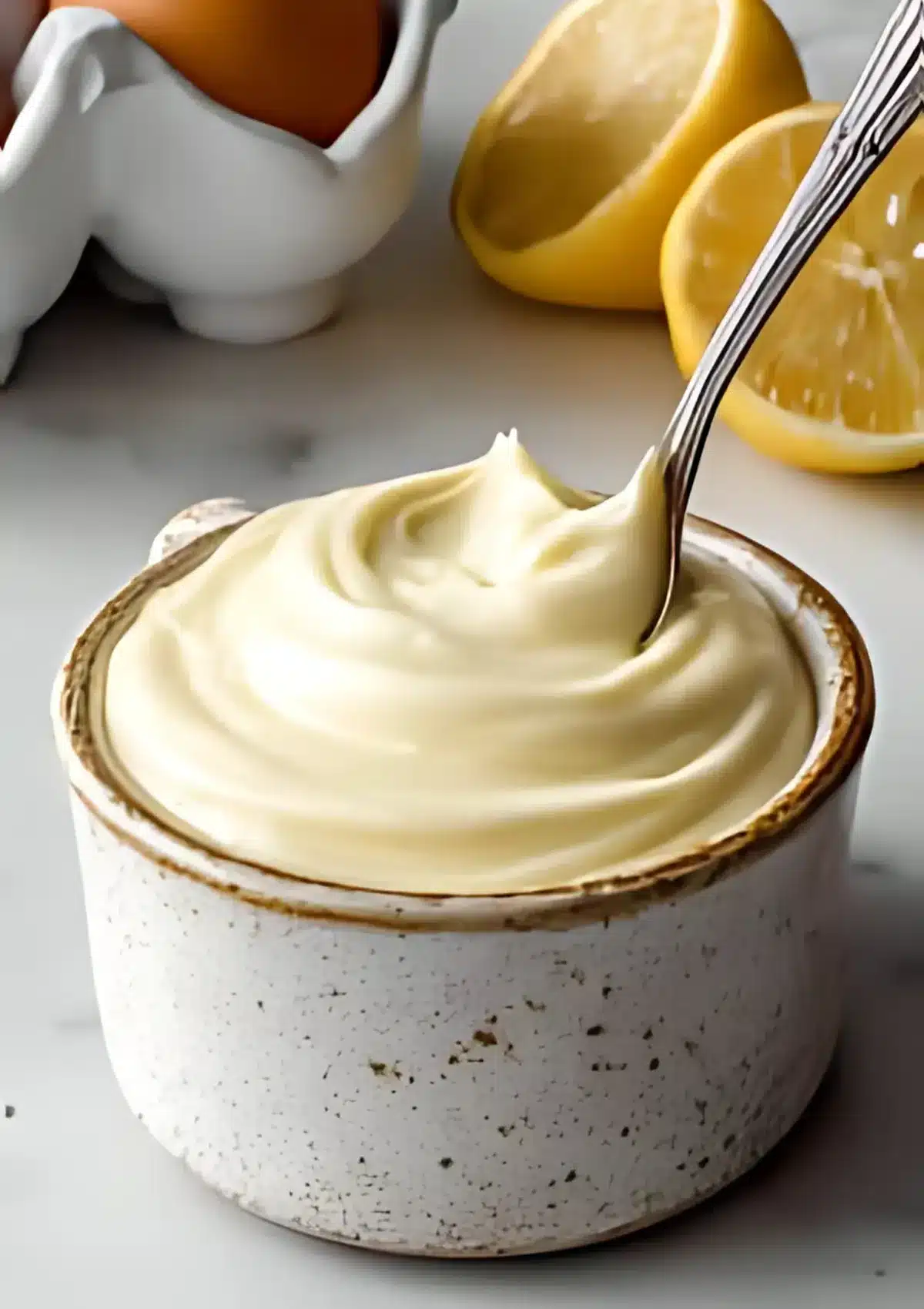 Close-up of smooth, freshly made mayonnaise in a ceramic bowl with a spoon lifting a dollop, surrounded by lemon and eggs.
