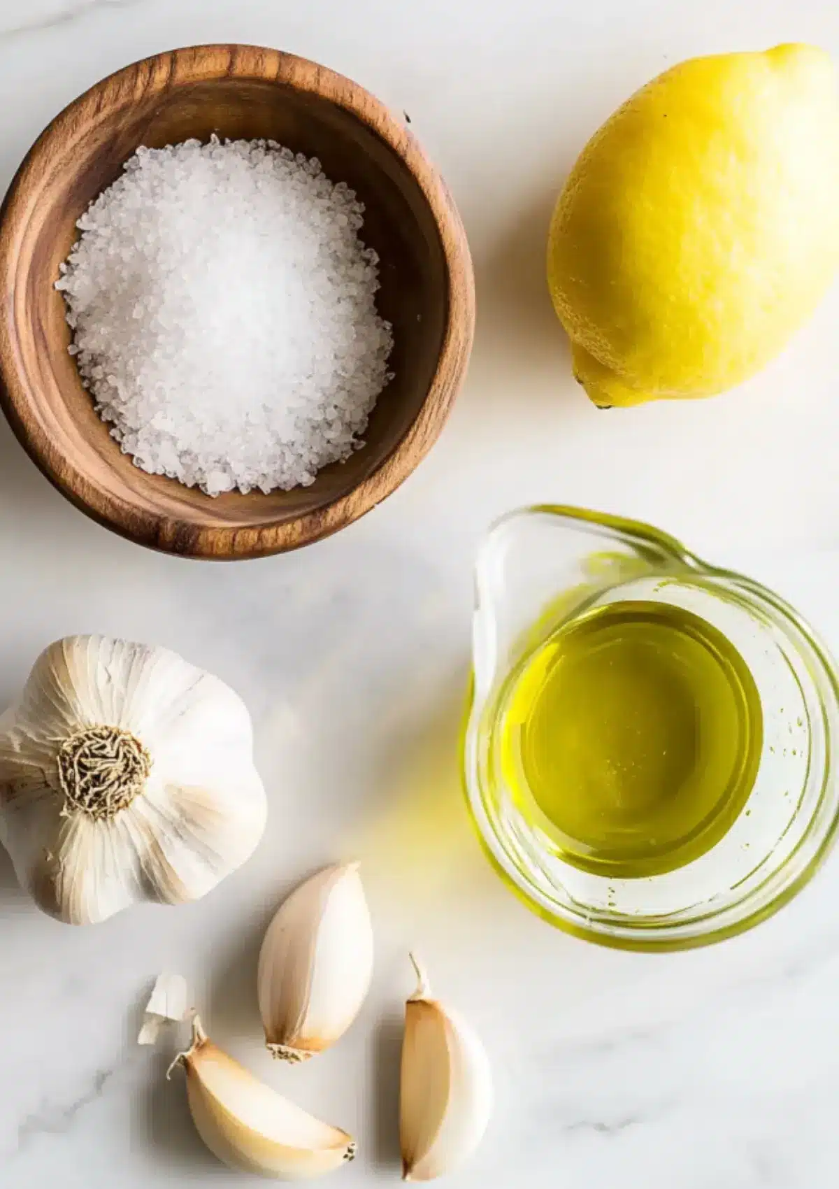 Toum ingredients flat lay – kosher salt in a wooden bowl, lemon, garlic, and oil on marble surface