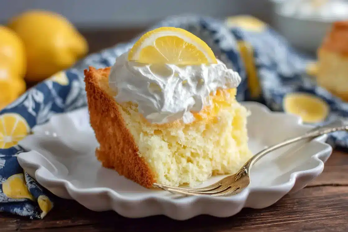 Delicious lemon angel food cake slice topped with fluffy whipped cream and fresh lemon wheel on decorative white plate