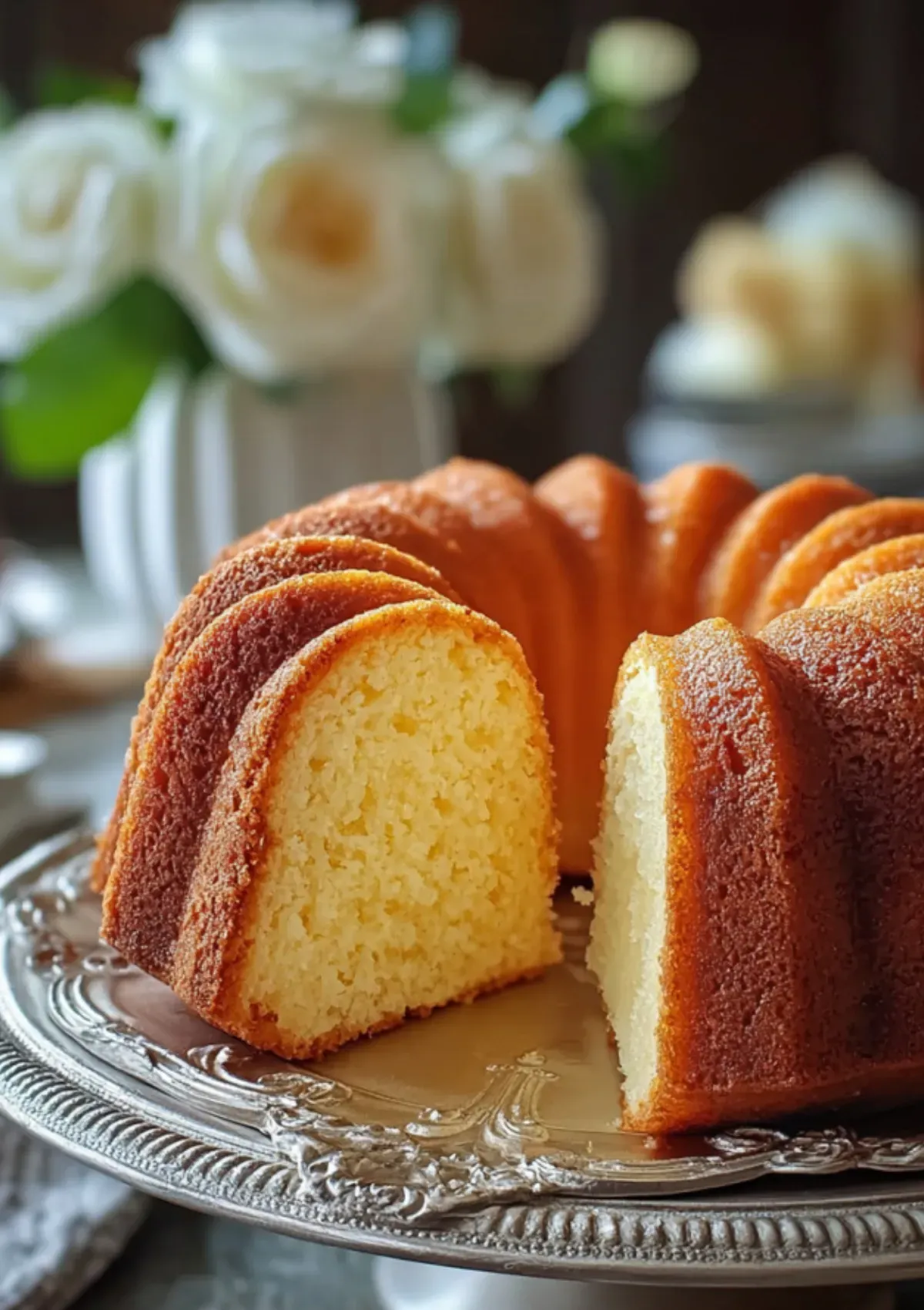 Golden brown bundt pound cake on decorative silver plate with one slice removed showing pale yellow dense crumb texture, white roses in soft focus background
