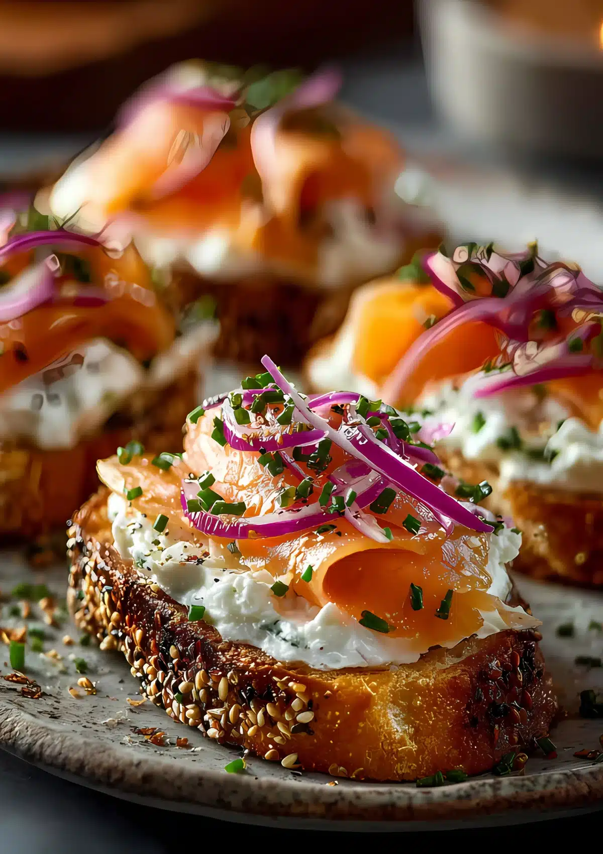 Single smoked salmon crostini in sharp focus showing layers of cream cheese, salmon, purple onion, and fresh herbs on seeded bread