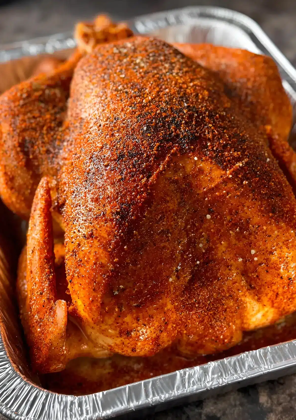 Raw turkey generously coated in smoky dry rub ready to be smoked.