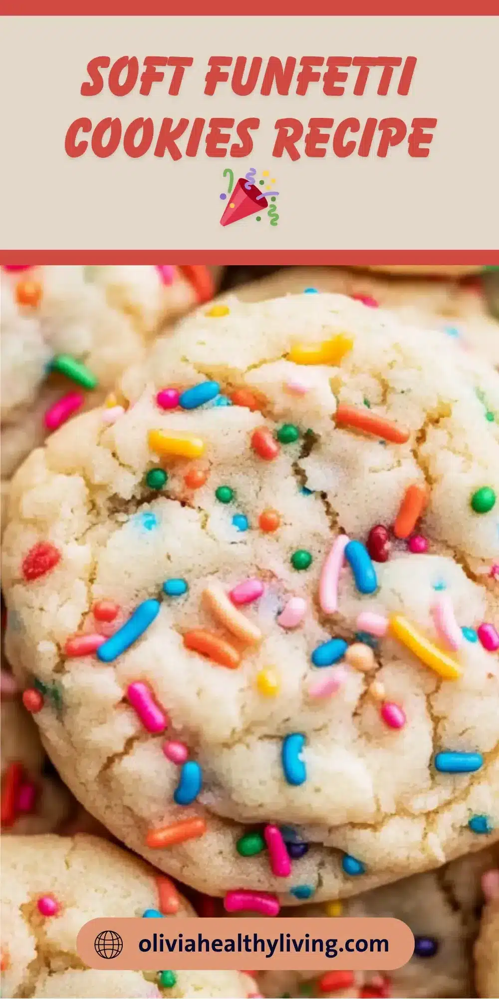 Stack of soft funfetti cookies with colorful rainbow sprinkles on parchment paper