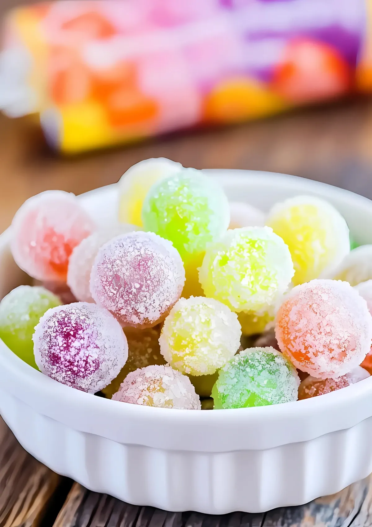 Close-up view of frozen grapes coated in colorful Jell-O powder in a white scalloped bowl, showing the detailed sugar-like coating texture