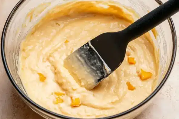 Mixing bowl with peach bread batter being stirred with spatula, showing chunks of diced peaches in creamy mixture