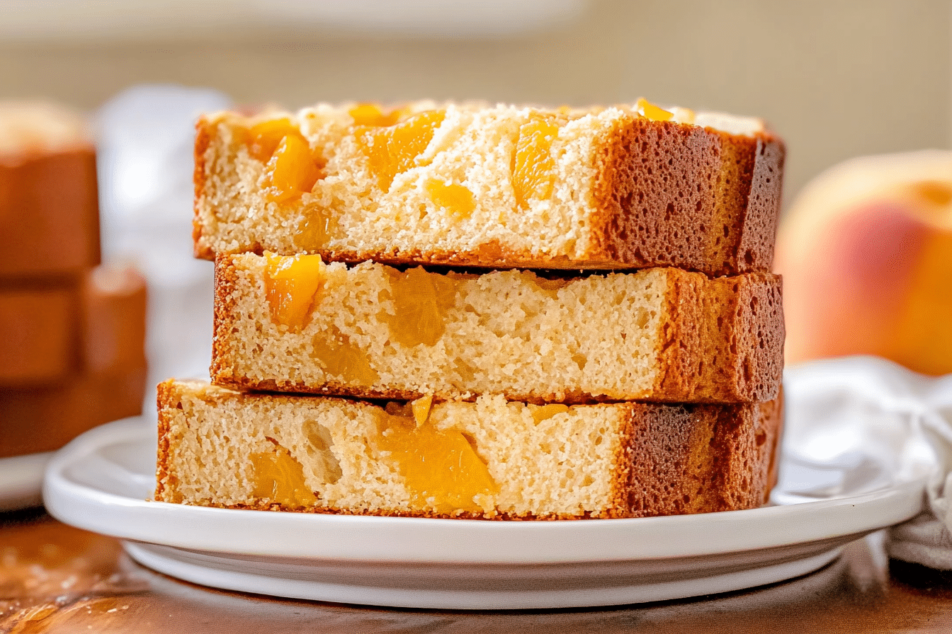Stack of three thick peach bread slices on white plate showing golden color and visible peach pieces in crumb