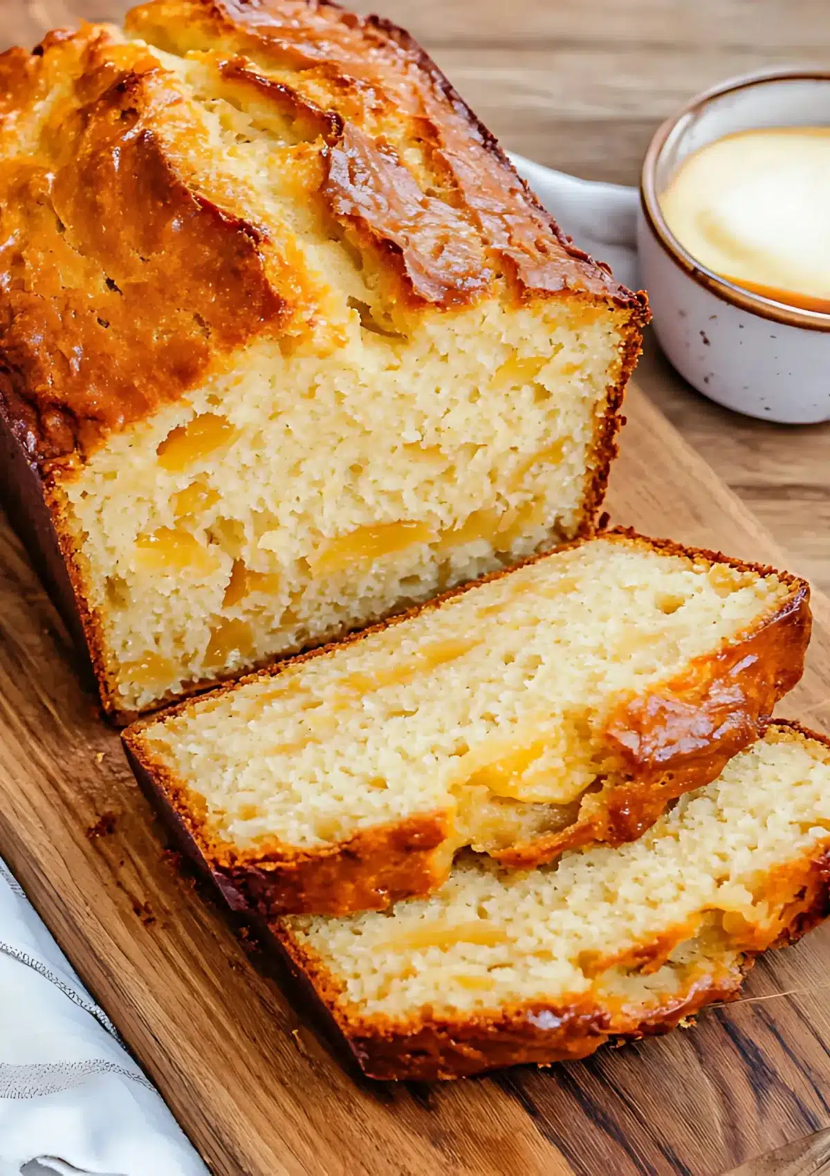 Close-up of sliced peach bread showing golden crust and moist interior with visible peach pieces on wooden board