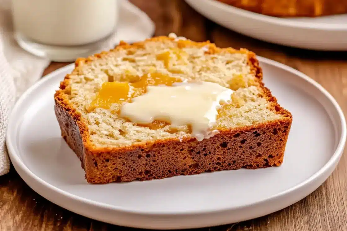 Single slice of peach bread on plate with pat of melting butter, showing moist crumb and peach chunks