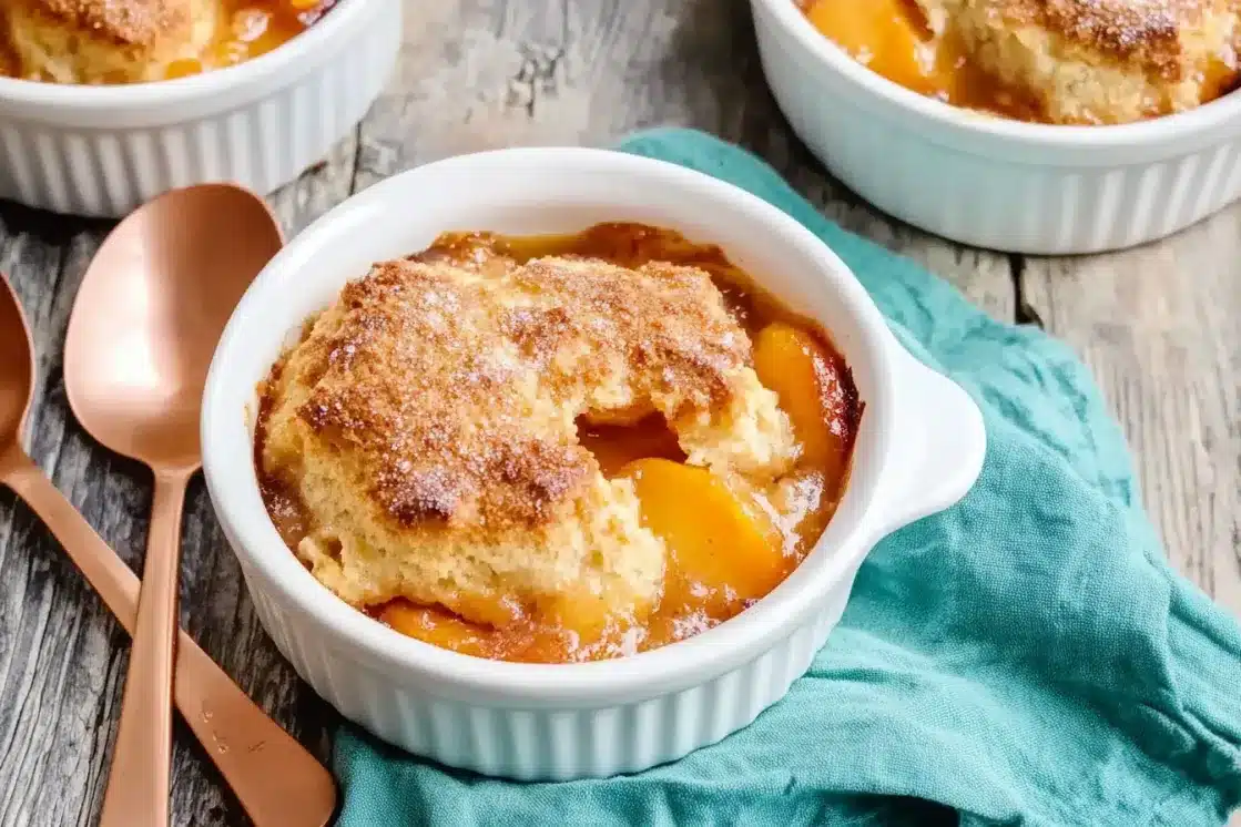 Multiple servings of Southern peach cobbler in white ramekins with golden biscuit tops and copper spoons on wooden surface