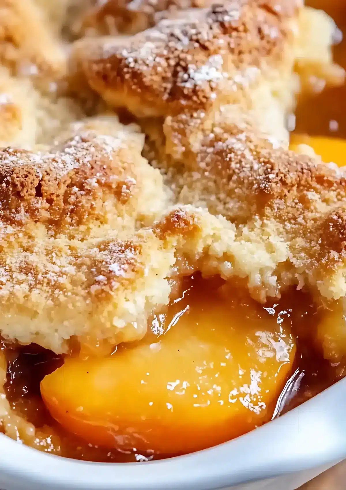 Detailed close-up of peach cobbler showing tender peach slices and fluffy biscuit topping with cinnamon sugar