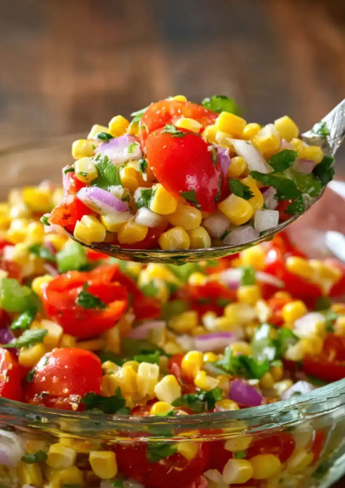 Close-up of a silver spoon lifting a colorful bite of corn salad with grape tomatoes, red onion, and cilantro from a glass bowl.

