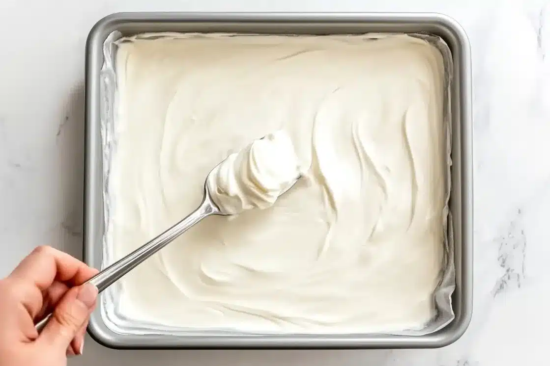 Hand spreading vanilla yogurt evenly in lined baking sheet with spoon for making frozen yogurt bark