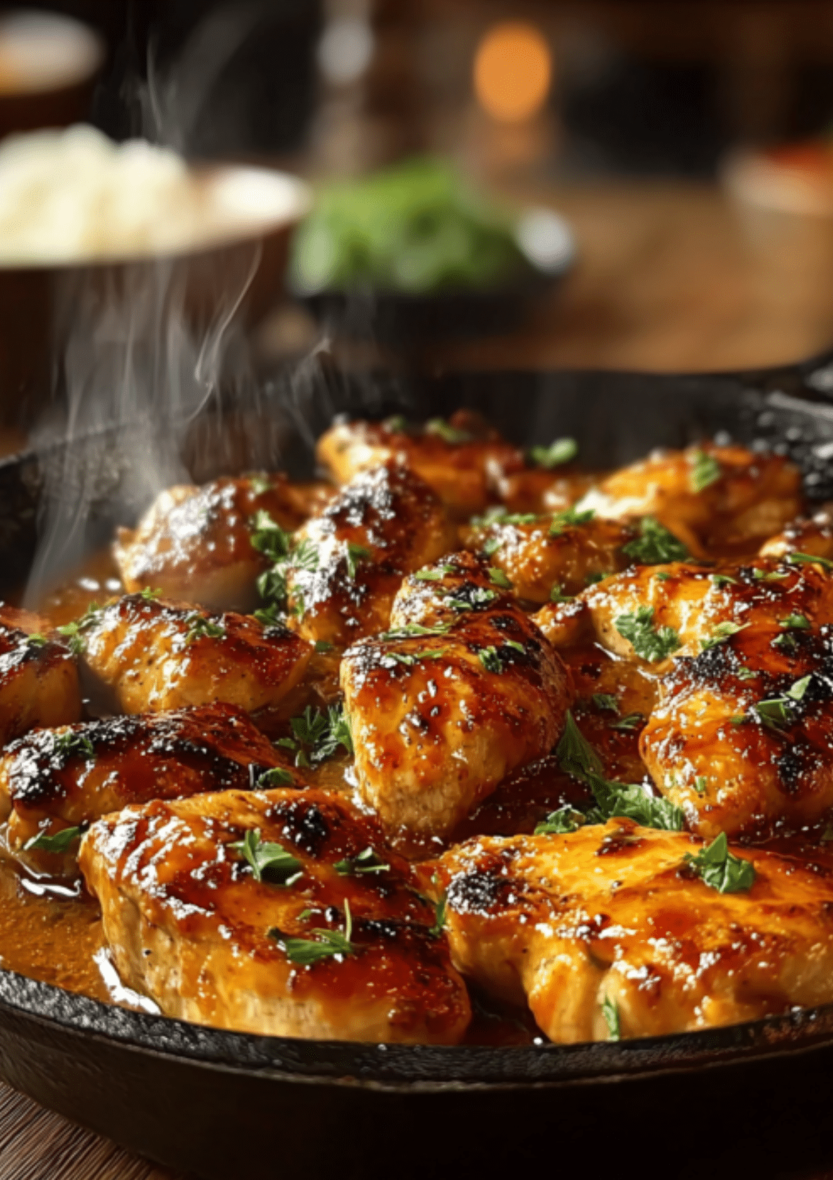 The same chicken dish captured with dramatic steam wisps rising from the hot skillet