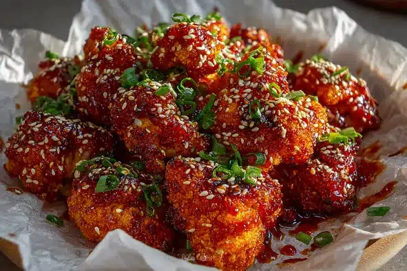 Golden brown Korean baked cauliflower florets glazed with spicy sauce and topped with sesame seeds