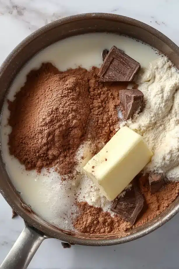 Thick chocolate oat mixture being stirred with a wooden spoon in a saucepan.