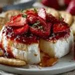 Strawberry baked brie recipe served on white plate with water crackers, showing perfectly melted cheese center and caramelized strawberry topping