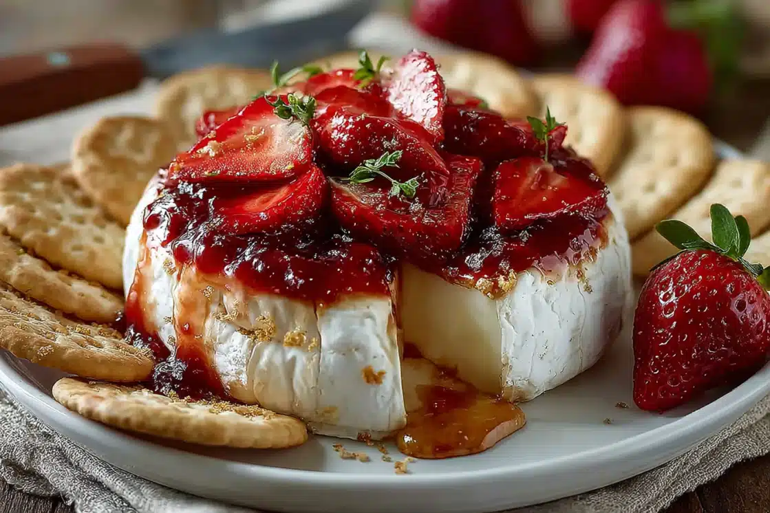 Strawberry baked brie recipe served on white plate with water crackers, showing perfectly melted cheese center and caramelized strawberry topping